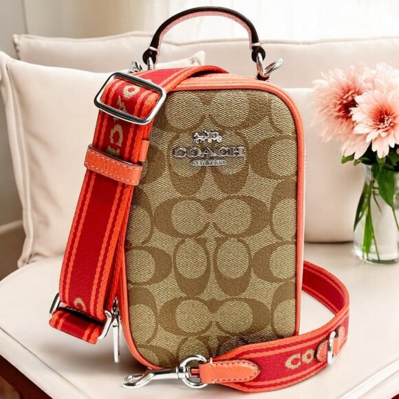 Coach Handbags - 💰SALE💰 NWOT Eva Phone Crossbody in Signature Canvas - Silver/Khaki/Tangerine